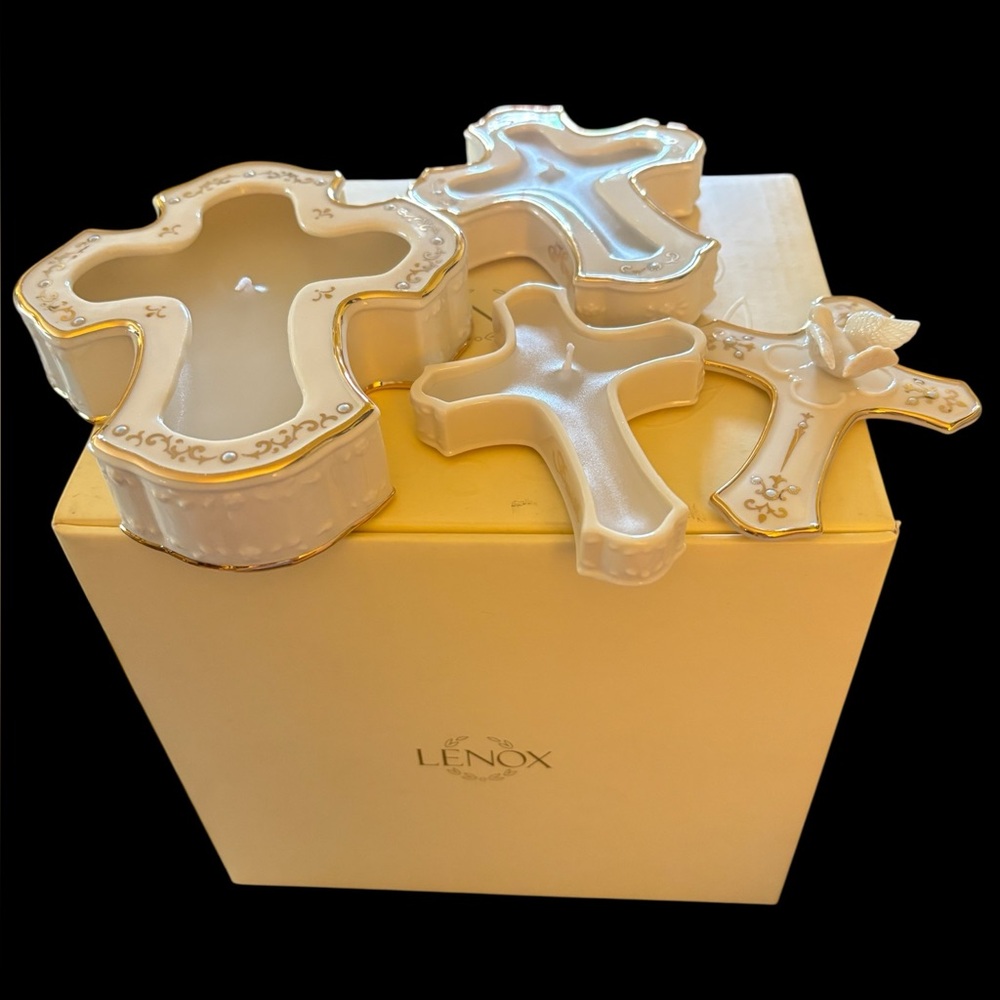 Lenox Stackable Cross boxes with candles and dove finial on top- Faith Hope Love